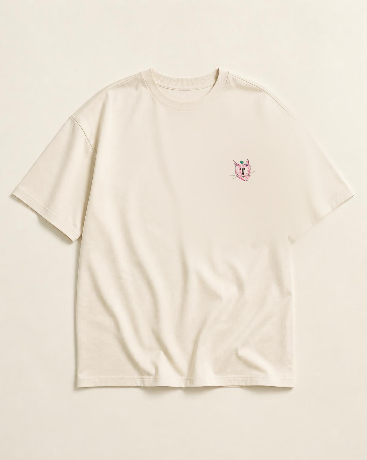 Pink Cat Founding Tee — small original drawing on the left chest of the ivory tee