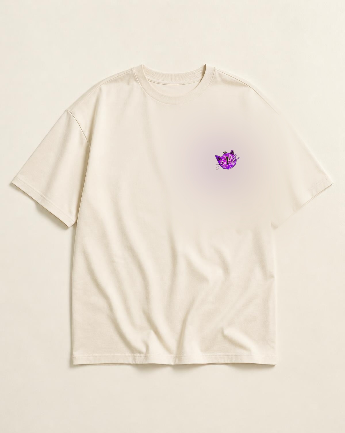 Purple Cat Founding Tee — small original drawing on the left chest of the ivory tee