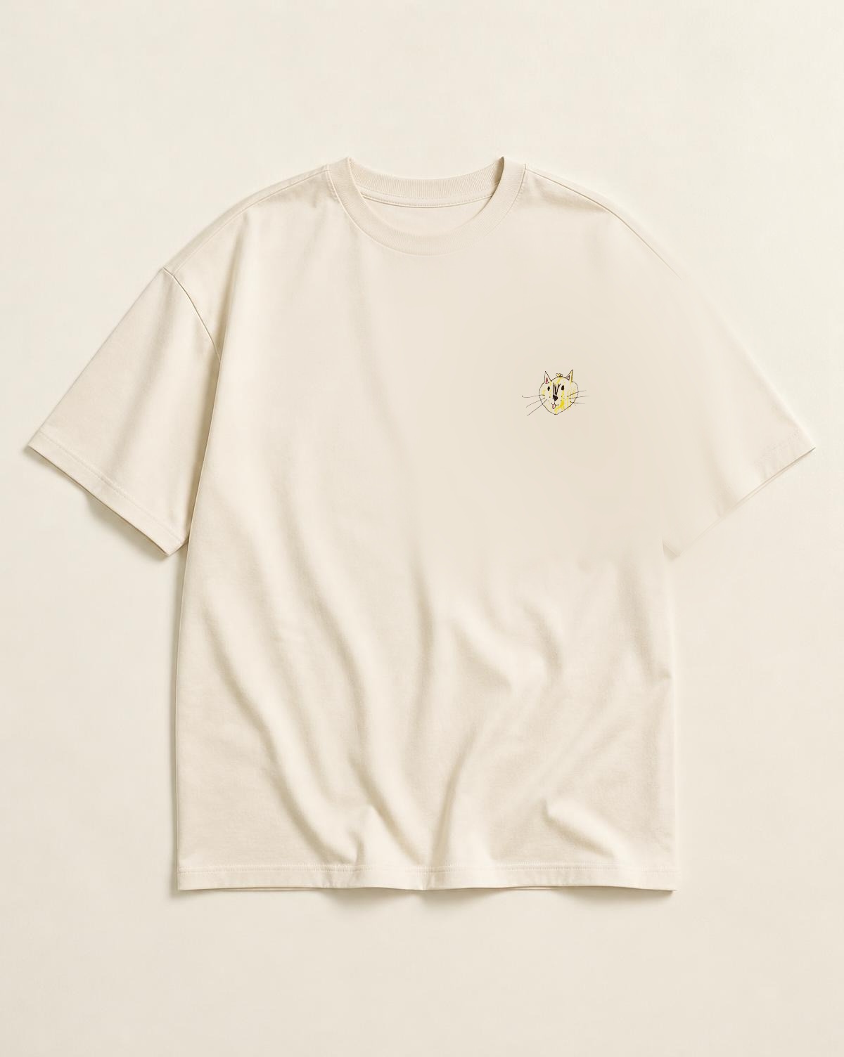 Sunny Cat Founding Tee — small original drawing on the left chest of the ivory tee